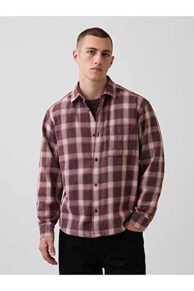 GAP Erkek Bordo Twill Relaxed Kareli Gömlek