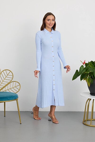 Kağanbutik فستان ميدي محبوك بأكمام طويلة وياقة بولو وأزرار