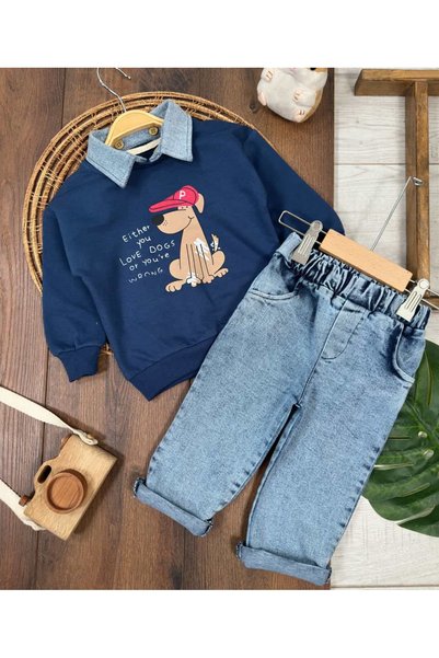 Valia Baby Removable Collar Cute Dog Printed Lycra Jeans Pants Baby Boy Set