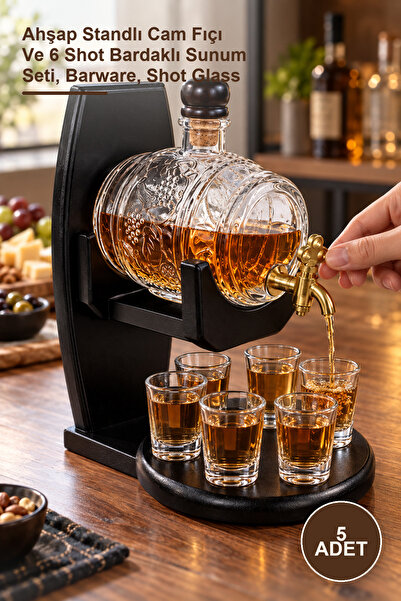 Yenilig 5-Piece Drink Serving Set – Glass Barrel with Wooden Stand and Presen...