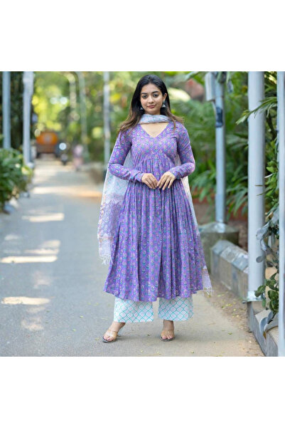 MYSMAR Purple Viscose Cotton Kameez Salwar & Dupatta - ALV2045 | Purple-Size:...