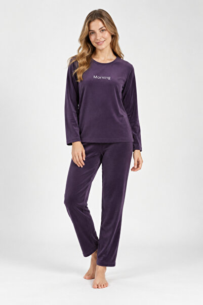 CHARME Pijama damă toamnă-iarnă mov din catifea cu imprimeu „Morning”