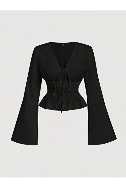 meren like your style Women's V-Neck Waist Gathered Lace-Up Long Sleeve Blous...