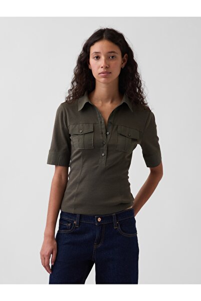 GAP Kadın Haki Modern Elbow-Sleeve Utility T-Shirt