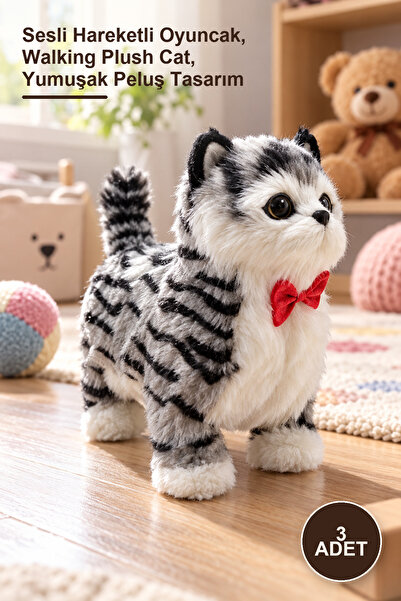 Yenilig 3 Pieces of Plush Walking Cat – Sound-Activated Moving Toy, Walking P...