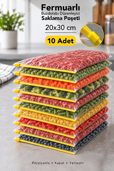 Meleni Home 10 Adet 20x30cm Büyük Buzdolabı Poşeti - Fermuarlı Difriz Düzenle...
