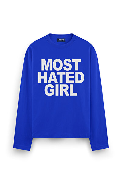 ROPE COUTURE Most Hated Girl Baskılı Uzun Kollu Oversize Fit Tişört Mavi