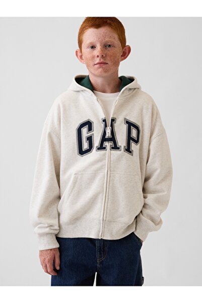 GAP Erkek Çocuk Kırık Beyaz VintageSoft Logo Fermuarlı Sweatshirt