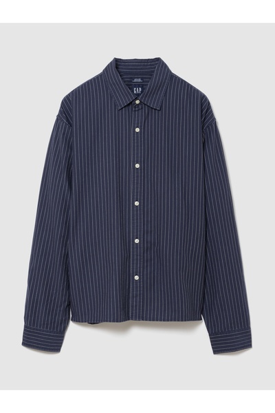 GAP Erkek Koyu Mavi Relaxed Crop Straight-Hem Oxford Gömlek