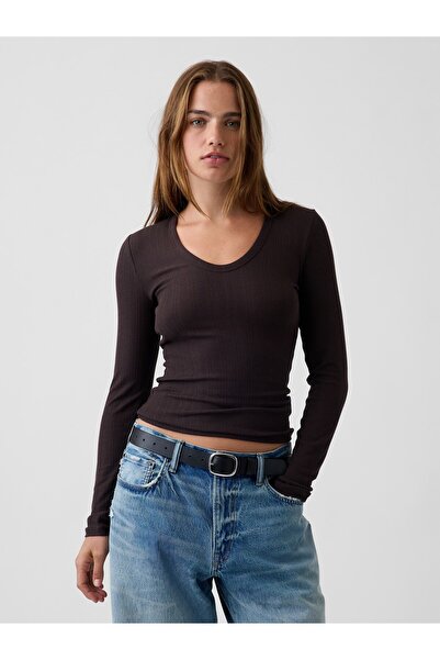 GAP Kadın Koyu Kahverengi Çizgili Fitilli T-Shirt