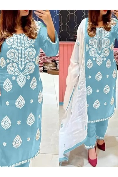 MYSMAR Blue Rayon Cotton Top Bottom & Dupatta - FFT5821 | Blue-Size:5XL-50-In...