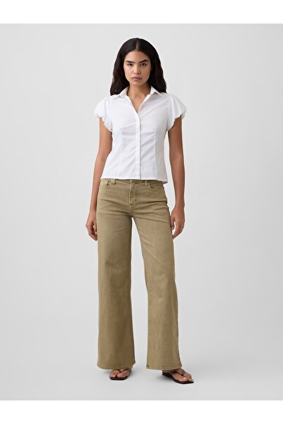 GAP Kadın Bej Mid Rise Wide-Leg Jean Pantolon