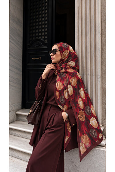 AGAPI Burgundy Floral Patterned Women's Shawl – Elegant Daily Hijab Shawl wit...