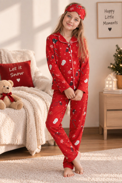 Free Beka New Year Patterned Long Sleeve Button Front Shirt Collar Girls Pajama Set