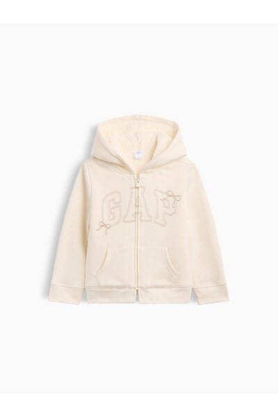 GAP Kız Bebek Krem Sherpa Astarlı Logo Fermuarlı Sweatshirt