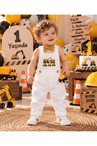 Feriatolye İş makinası konseptli doğum günü pantolon boy tulum papyon seti
