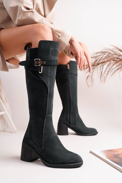 NOSEY SHOES Milano Model Genuine Leather Anthracite Suede Elastic Round Toe Buckle Side Zipper Thick Heel Long Boots