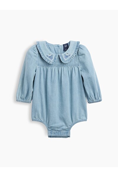GAP Bebek Mavi İşlemeli Denim Balon Kol Bodysuit