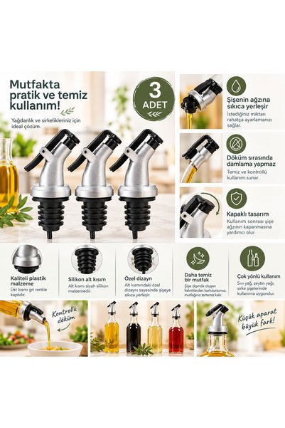 Silvanature 3 Adet Sızdırmaz Kapaklı Şişe Tıpası Yağdanlık Ucu, Tıpa, Kapaklı...