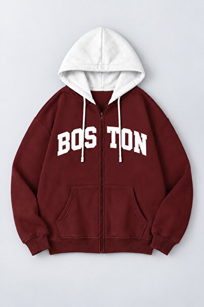 EVIus Unisex Boston Printed Burgundy White Color Block Hooded Zippered Cardigan