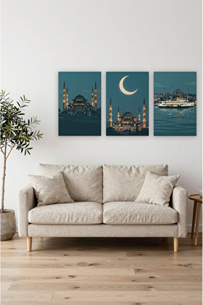 ZURİ DESİGN Set od 3 neokvirene MDF zidne slike sa noćnim pogledom na Istanbul