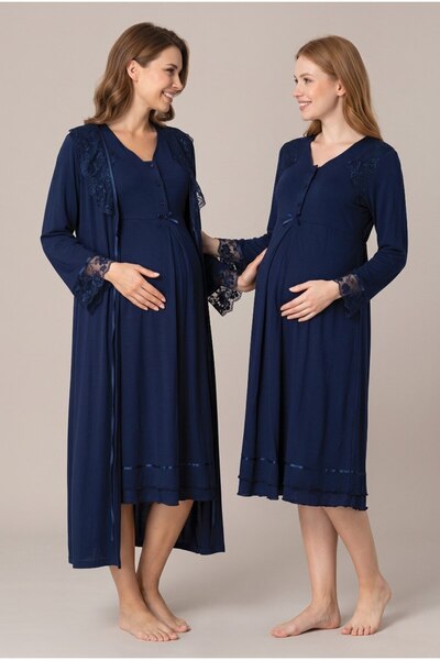 LOHOUSE Women's Navy Blue Long Sleeve Lace Maternity Nightgown Set with Easy ...