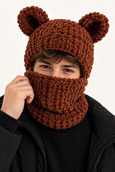 NEHOLİA Men's Puffy Balaklava with Ears Knitted Hooded Neck Warmer Brown Wint...