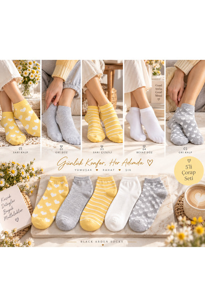 WALTAŞ Black Arden Socks Kadın 5 Çift Kalp Desenli ve Çizgili Pamuklu Patik Ç...