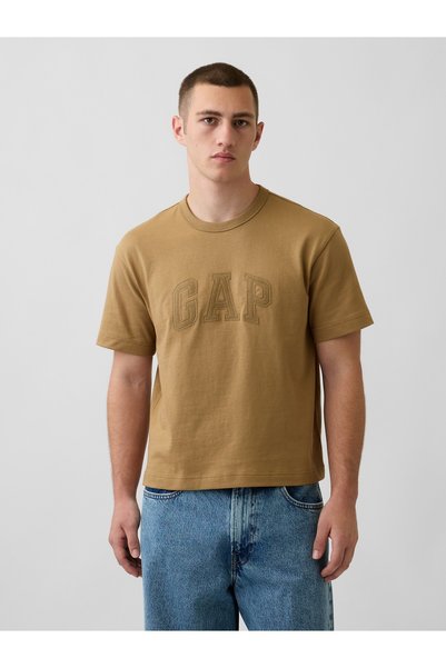 GAP Erkek Açık Kahverengi Heavyweight Relaxed Logo Crop T-Shirt