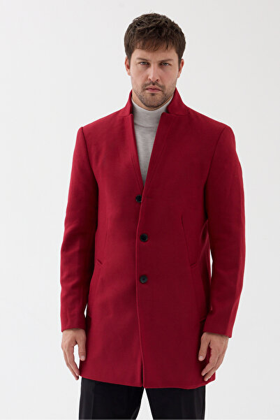 Frappoli Pagano Men's Red Slim Fit Stand Collar Cashmere Coat
