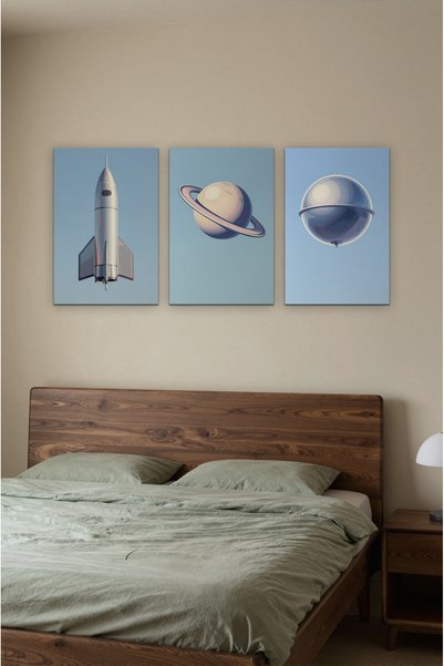 ZURİ DESİGN Retro futurizam, svemirski vek, set od 3 neokvirene MDF zidne slike