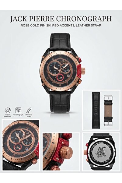 JACK PIERRE Chronograph Men's Wristwatch - Rose Gold Case, Black Leather Band...