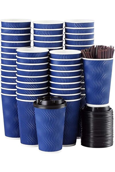 AOMIGE Coffee Cups with Lids and Straws(50 Set),Ripple Insulated Triple Corru...
