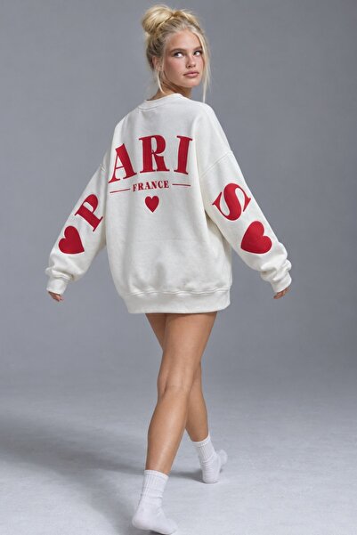 The Champ Clothing Kadın Oversize Sweatshirt Paris 3D Baskılı Beyaz – Bisikle...