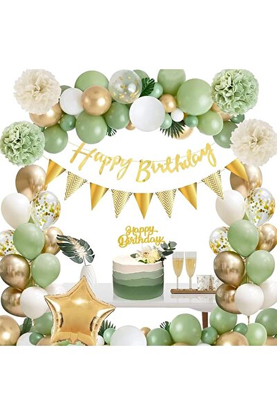 GENERAL Green Birthday Party Decoration: Jungle Olive Green Gold White Balloo...