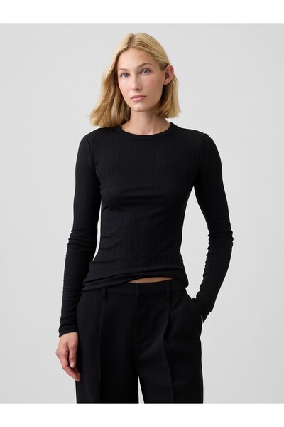GAP Kadın Siyah Essential Fitiili Pointelle T-Shirt