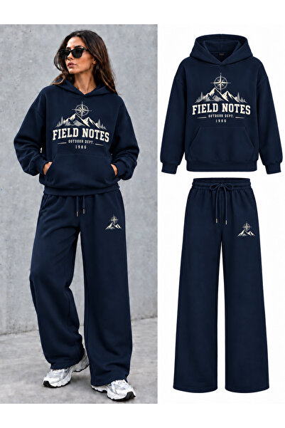EVIus Oversize Field Notes Team Printed Hooded 100% Cotton Wide Leg Sweatpant...