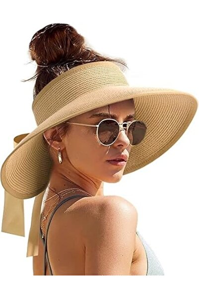 SYOSI Women Wide Brim Sun Visor Hat, Foldable Straw Ponytail Visor, Packable ...