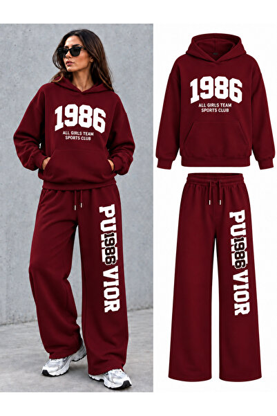 EVIus Oversize 1986 Girls Team Printed Hooded 100% Cotton Wide Leg Sweatpants...