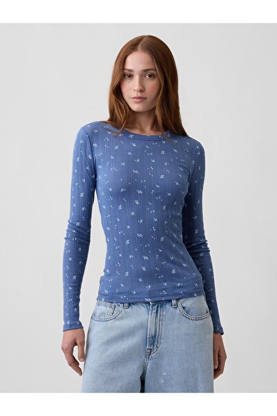 GAP Kadın Mavi Essential Fitiili Pointelle T-Shirt