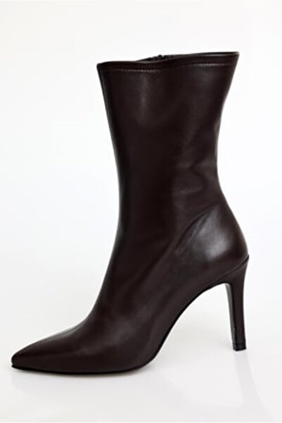5in1Canpolat Bitter Brown Leather Pointed Toe Heeled Boots 24374