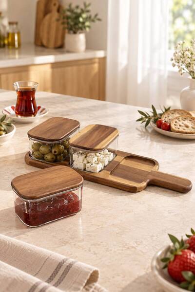 NEWNOW Marbella 3-Piece Glass Breakfast Set with Acacia Lid, Wooden Stand, Ol...