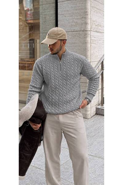threeoff Men's Stand Collar Half Zipper Hair Knit Sweater