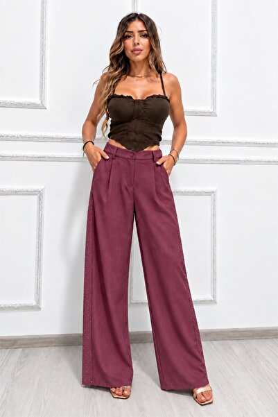 FashionForYou Μακρύ παντελόνι γραφείου CELISA, με βελονάκια και κρύσταλλα, Μα...