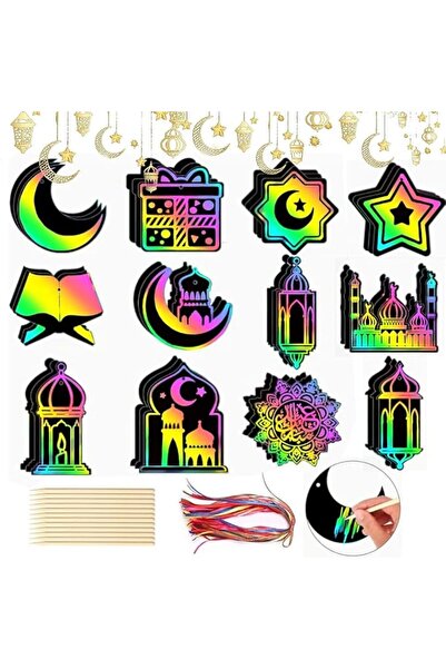 LCHYI حرف يدوية للأطفال لشهر رمضان، 48 قطعة من بطاقات خدش قوس قزح لعيد مبارك،...