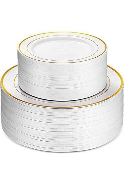GENERAL 60Pcs Plastic Party Plates White Gold Rim, 30 Premium Heavy Duty 10.2...