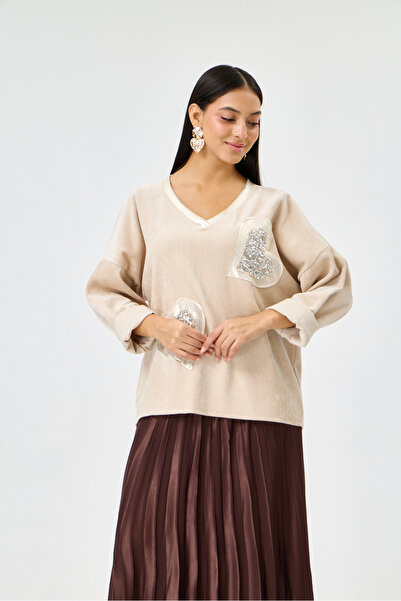 della moor Italian Beige Heart Patterned Sequined Low Long Sleeve Oversize Ve...