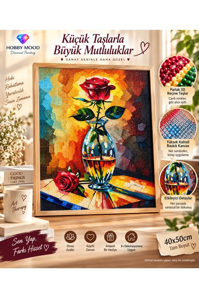 HOBBY MOOD Kırmızı Gül Vazoda 5D Diamond Painting - Elmas Mozaik Tablo Boyama...