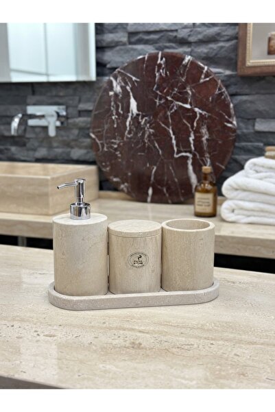 Polen Stone 4-Piece Travertine Stone Bathroom Set - Elliptical Tray, Leak-Pro...