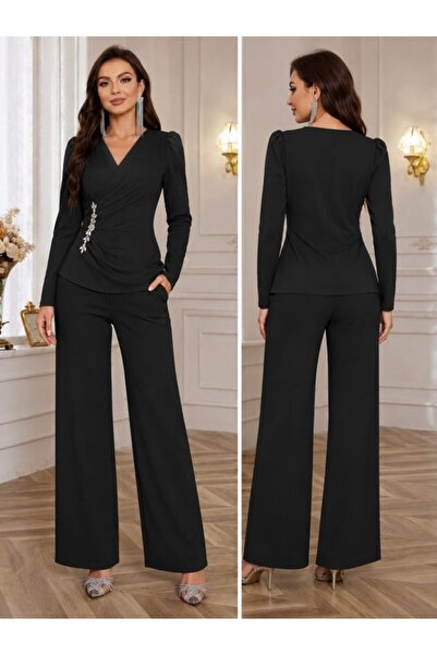 Generic Brand Women's Long Sleeve Double-Breasted Collar Blouse and Trousers ...